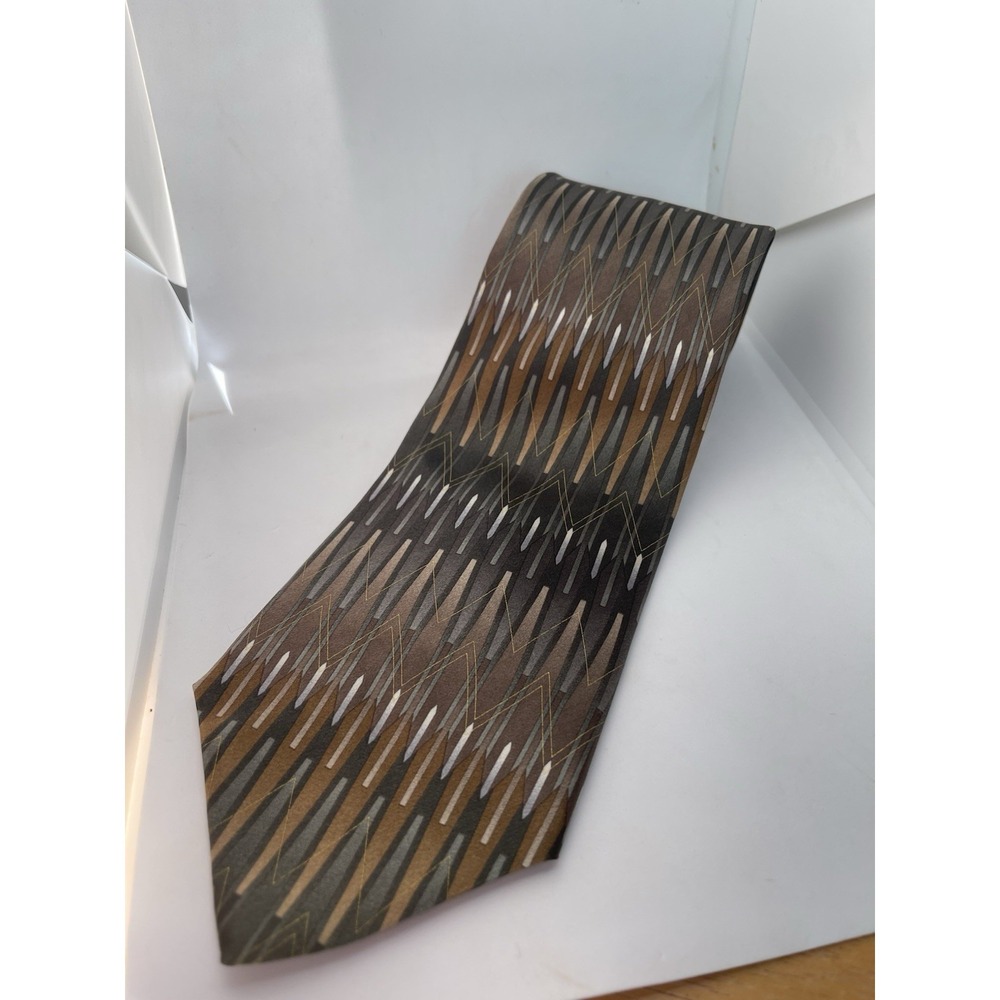 Murano Italia Mens Silk Necktie Brown Olive Green Geometric Abstract Made in USA